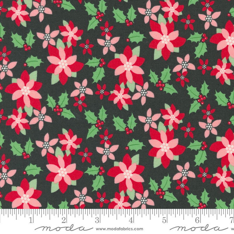 Kitty Christmas Poinsettia Coal | Urban Chiks | Moda Fabrics | 31201 18 | Sold in 1/2 Yd
