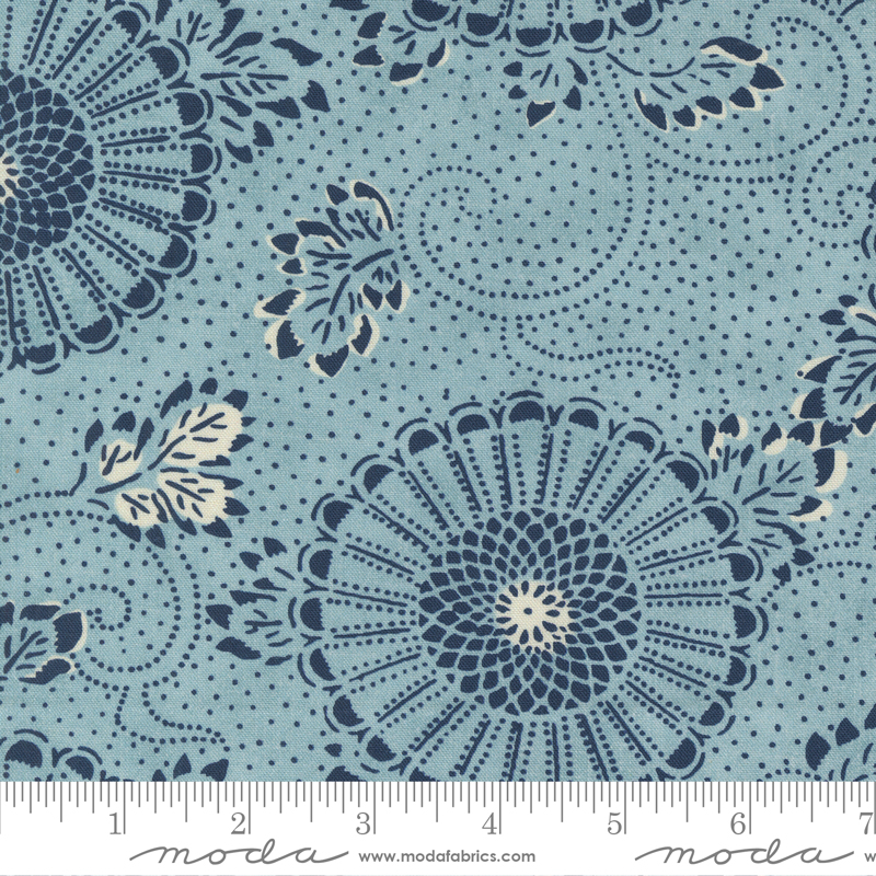 Indigo Blooming Kiku Florals Water | Debbie Maddy | Moda Fabrics | 48090 13 | Sold in 1/2 Yd