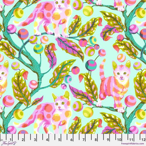Tabby Road Deja Vu Disco Kitty Technomint | Tula Pink | Free Spirit Fabrics | PWTP092.TECHNOMINT | Sold in 1/2 Yds