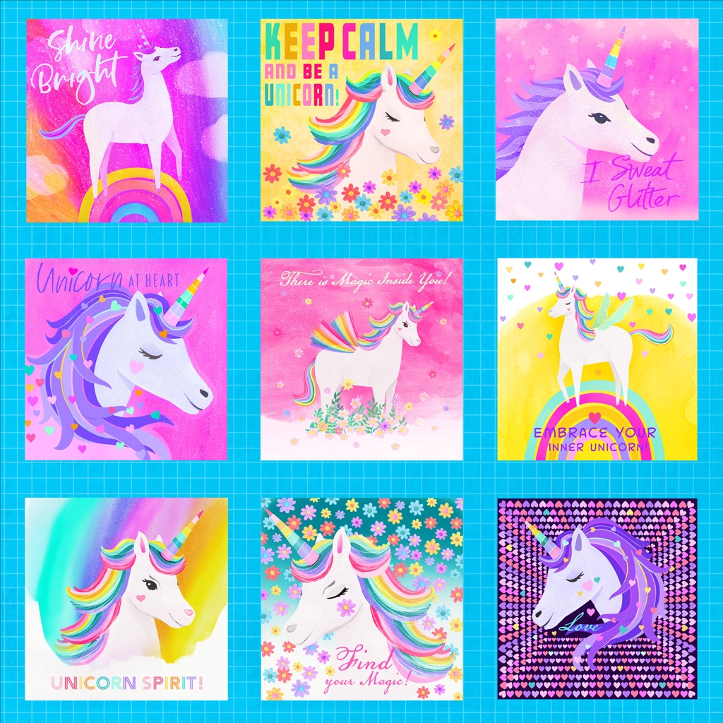 Unicorn Love Digital 3 1/4" Blocks | Diane Neukirch | Clothworks | Y3598-55 | Sold in 1/2 Yds
